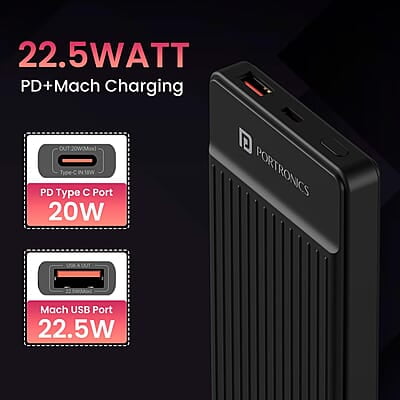 Portronics Luxcell B 10K 10000 mAh 22.5W Fast Charging Power Bank, Ultra Slim Power Bank with Mach USB-A Output, Type C PD Output