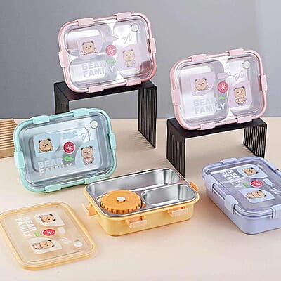 Bear Family Stainless Steel Lunch box| Tiffin Box with 700ML + 150 ML Capacity| Cutlery, Sealed Ring & Airtight container