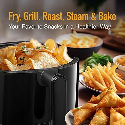 KENT Classic Plus Air Fryer | 1300W Power & 4.2L Capacity | Vapour Steam for Crisp Frying, Grill, Roast, Steam & Bake | Auto Cut-Off | 80% Less Oil | High Temperature & Uniform Heating | Black