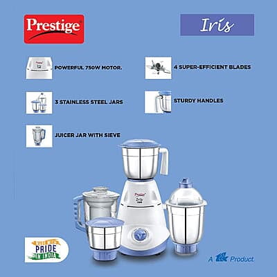 Prestige Iris 750 Watt Mixer Grinder with 3 Stainless Steel Jar + 1 Juicer Jar