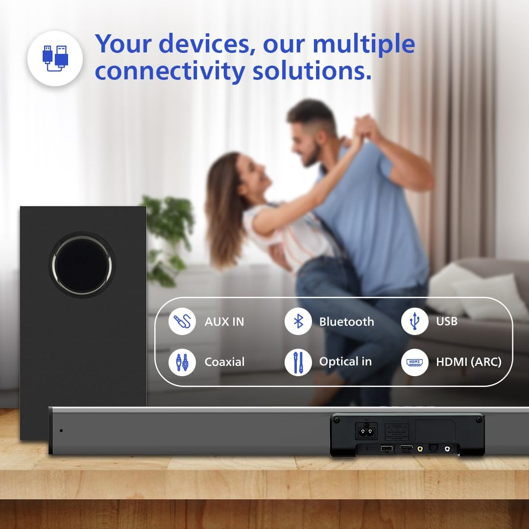 Philips TAB4228/94 2.1Ch Bluetooth Soundbar - 160W, Rich Bass, 3 EQ Modes, Multi-Connectivity (Black) Philips TAB4228/94 2.1Ch Bluetooth Soundbar - 160W, Rich Bass, 3 EQ Modes, Multi-Connectivity (Black)