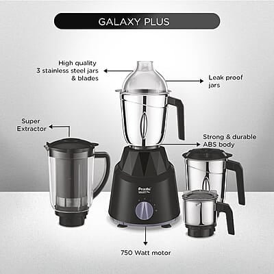 Preethi Galaxy Plus Mixer Grinder for Kitchen - 4 Jars 750 Watt Mixie (3 Stainless steel Jars+1 Super Extractor Juicer Jar)