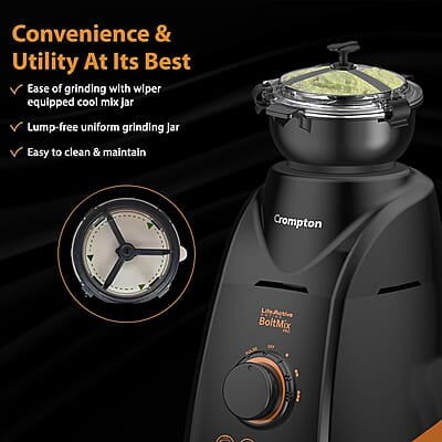 Crompton Boltmix Cool 750 W Mixer grinder with 3 Jars (3 stainless steel Jars, Cool Mix Chutney Jar with Casing)