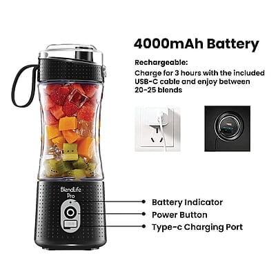 BlendLife Pro Portable Blender With Sipper For Juices, Shakes, Smoothies, Baby Food, Crushes Hard Ingredients, 210 Watts Motor, 4000Mah Usb Rechargeable Battery, 400Ml, 1-Year Warranty - Black