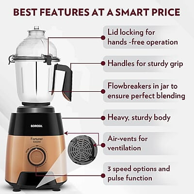 Borosil Fortuner Mixer Grinder Blender Juicer, Copper Motor, For Wet/Dry Mixing & Grinding, Blending Smoothies & Juicing Fruits 1000 Watts, 4 Jars (0.4L+1L+1.2L) (1.5L+1.5L+1.2L+0.4L)