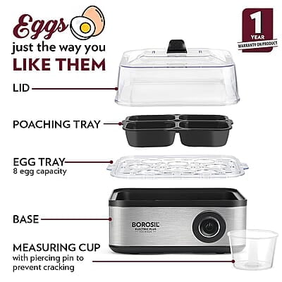 Borosil Electric Plus Egg Boiler, Boil Upto 8 Eggs At A Time, For Hard, Soft, Medium Boiled Eggs, Steamed Vegetables, Transparent Lid, Stainless Steel Exterior