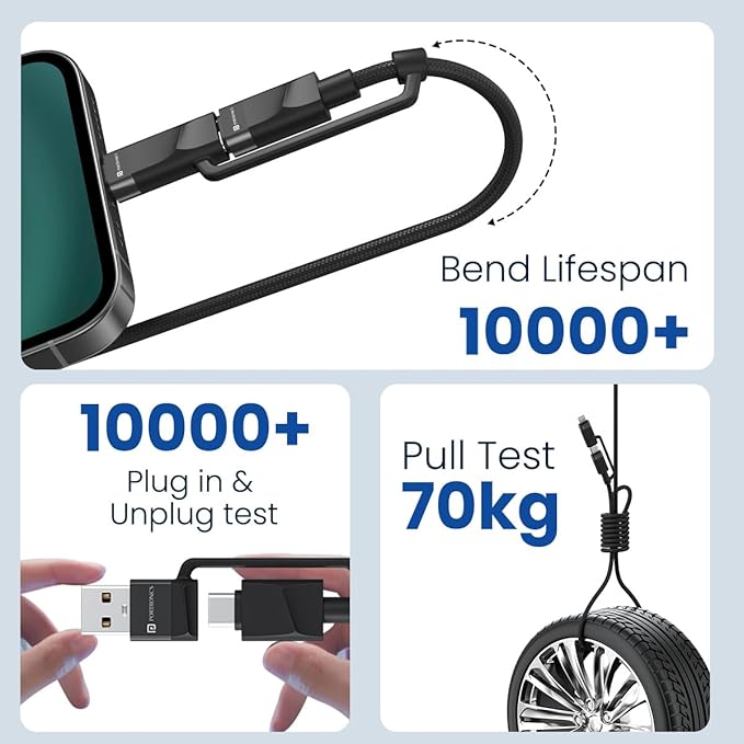 Portronics Omnicord 60W 4 in 1 Nylon Braided Fast Charging Cable With Multiple Port, Type C to Type C/Lightening, USB A, Fast Data Sync, Compatible With Type C Devices, Tablets/ipads & Laptop/Macbook Portronics Omnicord 60W 4 in 1 Nylon Braided Fast Charging Cable With Multiple Port, Type C to Type C/Lightening, USB A, Fast Data Sync, Compatible With Type C Devices, Tablets/ipads & Laptop/Macbook