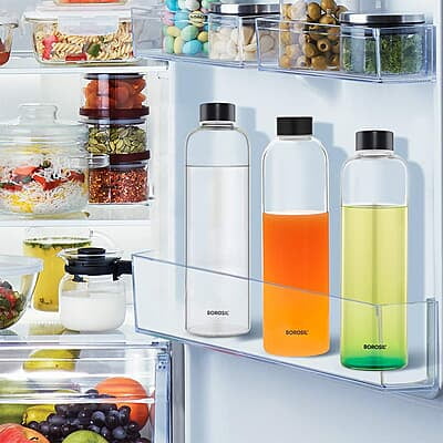 Borosil Crysto Slim Glass Water Bottle, Water Bottle for Fridge, Borosilicate Glass, Extreme Temperature Resistant, For Hot & Cold Water, Milk, Lassi, Juice, Black Lid, 1 L, Stylish & Transparent