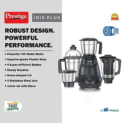 Prestige Iris Plus 750 W Mixer Grinder With 4 Jars (3 Stainless Steel Jars+ 1 Juicer Jar) 4 Super Efficient Stainless Blades Prestige Iris Plus 750 W Mixer Grinder With 4 Jars (3 Stainless Steel Jars+ 1 Juicer Jar) 4 Super Efficient Stainless Blades