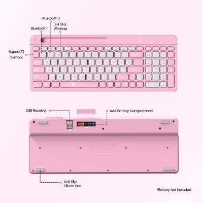Portronics Bubble Square Wireless Keyboard with Bluetooth + 2.4 GHz USB Receiver (Dual Connectivity), Pair 3 Devices Max, Multimedia Hotkeys, for Laptop, PC, Smartphone, Tablet Portronics Bubble Square Wireless Keyboard with Bluetooth + 2.4 GHz USB Receiver (Dual Connectivity), Pair 3 Devices Max, Multimedia Hotkeys, for Laptop, PC, Smartphone, Tablet