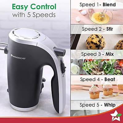 Wonderchef Onyx 5 Speed Electric Hand Mixer 300W SS Whisk Beaters & Dough Hooks