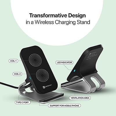 Portronics Freedom 15 Plus 15W Desktop Wireless Charger + Mobile Stand with Dual Coil, Aluminum Alloy