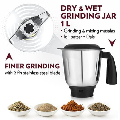 Borosil Best Mixer Grinder, 500 Watts, 3 Jars (1.5L Blending Jar, 1L Dry/Wet Grinding Jar, 400 ml Chutney Jar), Kitchen Mixie, 2 Years Warranty on Motor