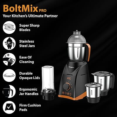 Crompton Boltmix Pro Mixer, Grinder & Blender, Heavy Duty 750W Powertron Motor, 3 Stainless steel Blade, 1 unbreakable jar & Motor Vent-X Technology Crompton Boltmix Pro Mixer, Grinder & Blender, Heavy Duty 750W Powertron Motor, 3 Stainless steel Blade, 1 unbreakable jar & Motor Vent-X Technology