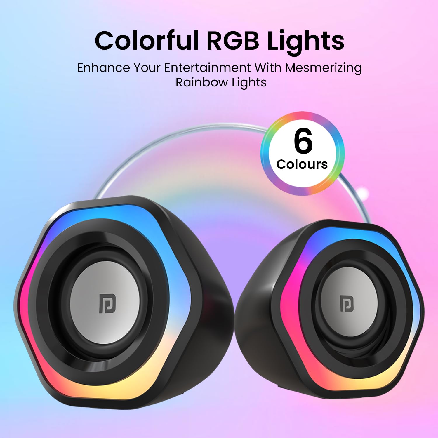 Portronics in Tune 4 6W Portable USB Powered Wired Speaker with Volume Control, 3.5mm AUX in, HD Sound, 2.0 Channel, RGB Lights, Gaming Speaker, Multimedia Speaker for PC, Desktop and Laptop(Black) Portronics in Tune 4 6W Portable USB Powered Wired Speaker with Volume Control, 3.5mm AUX in, HD Sound, 2.0 Channel, RGB Lights, Gaming Speaker, Multimedia Speaker for PC, Desktop and Laptop(Black)