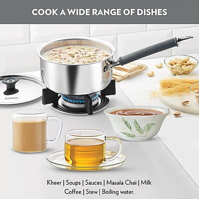 Borosil Cookfresh Tri-ply Stainless Steel Sauce Pan with Lid, Induction Friendly Tea Pan, 1.5 L, 16 cm Dia Borosil Cookfresh Tri-ply Stainless Steel Sauce Pan with Lid, Induction Friendly Tea Pan, 1.5 L, 16 cm Dia