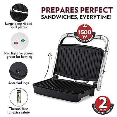 Borosil Jumbo Grill Sandwich Maker, 1500W, Non-Stick Grilling Plate, 180ᶿ Open Flexibility, Make 4 Sandwiches Borosil Jumbo Grill Sandwich Maker, 1500W, Non-Stick Grilling Plate, 180ᶿ Open Flexibility, Make 4 Sandwiches