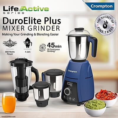 Crompton DuroElite Plus 800 W Mixer Grinder with 4 Jars (3 Stainless Steel Jars+ 1.5L Juicer Jar with Fruit Filter)