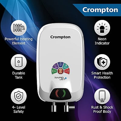 Crompton Rapid Jet Plus 3-L Instant Water Heater with Advanced 4 level Safety with Free Installation and Connection Pipes