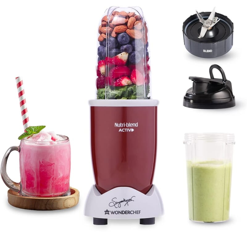 Wonderchef Nutri-blend Activ Mixer Grinder Blender, Smoothie Maker, 500W 22000 RPM 100% Full Copper Motor, 2 Unbreakable Jars Red
