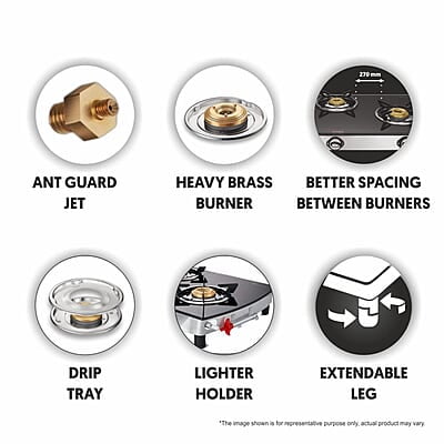 Preethi Blu Flame Blaze Glass top 3 Burner Gas Stove, Manual Ignition