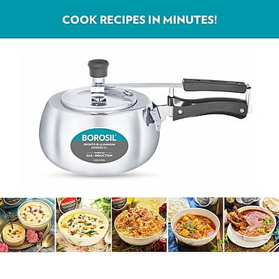 Borosil Pronto Induction Base Inner Lid Aluminium Pressure Cooker, 3.6 mm Thick Base, 2 L, Silver