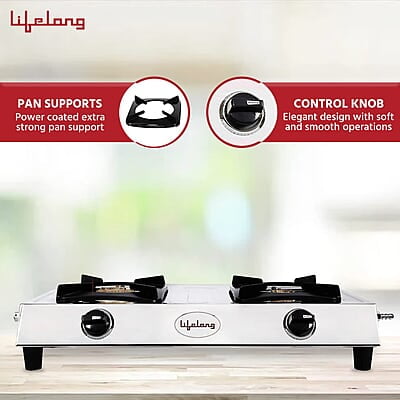 Lifelong 2 Burner Gas Stove Top for Kitchen - Manual Ignition Cooktop with Stainless Steel for Kitchen, ISI Certified