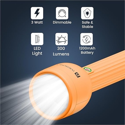 Portronics Eco Glow LED Torch Light with USB Rechargeable Battery, Dual-Brightness Levels, SOS Emergency Light Mode, Long Distance Flashlight, for Home, Outdoor, Camping, Travel (Orange) Portronics Eco Glow LED Torch Light with USB Rechargeable Battery, Dual-Brightness Levels, SOS Emergency Light Mode, Long Distance Flashlight, for Home, Outdoor, Camping, Travel (Orange)