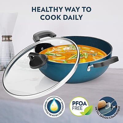 Borosil ProChef Non-Stick Aluminum Kadhai with Lid 24 cm | Gas Stove Compatible, Thick Uniform Body for Even Heating, Dishwasher Safe | 5 Layer Nonstick Coating, PFOA Free | 1 Year Warranty | Blue