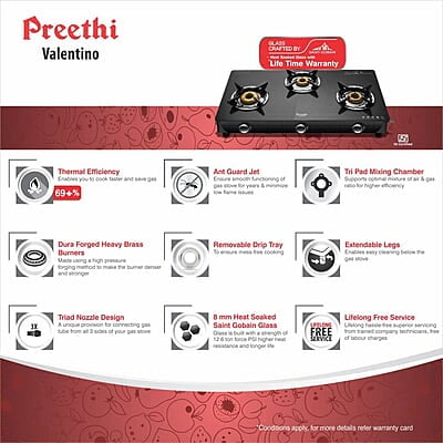 Preethi Valentino Glass top 3 Burner Gas Stove, Manual Ignition, Black ISI Approved