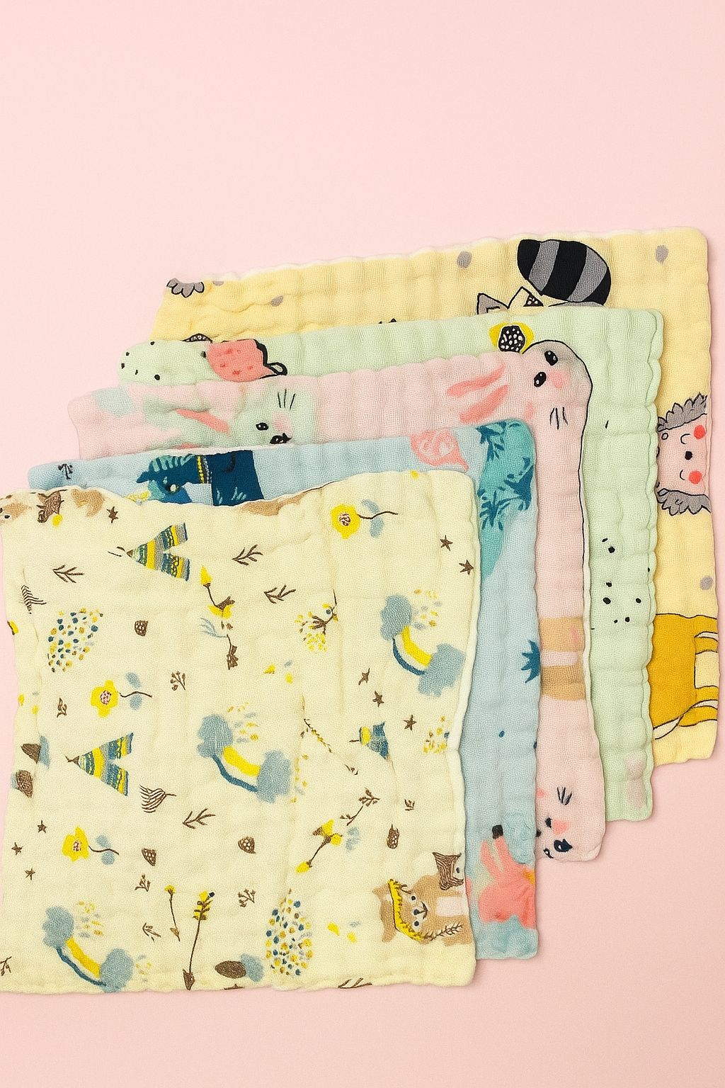 6 Layer Muslin Wash cloth / Face towel - Colour Printed - Pack of 5 (Assorted) 6 Layer Muslin Wash cloth / Face towel - Colour Printed - Pack of 5 (Assorted)