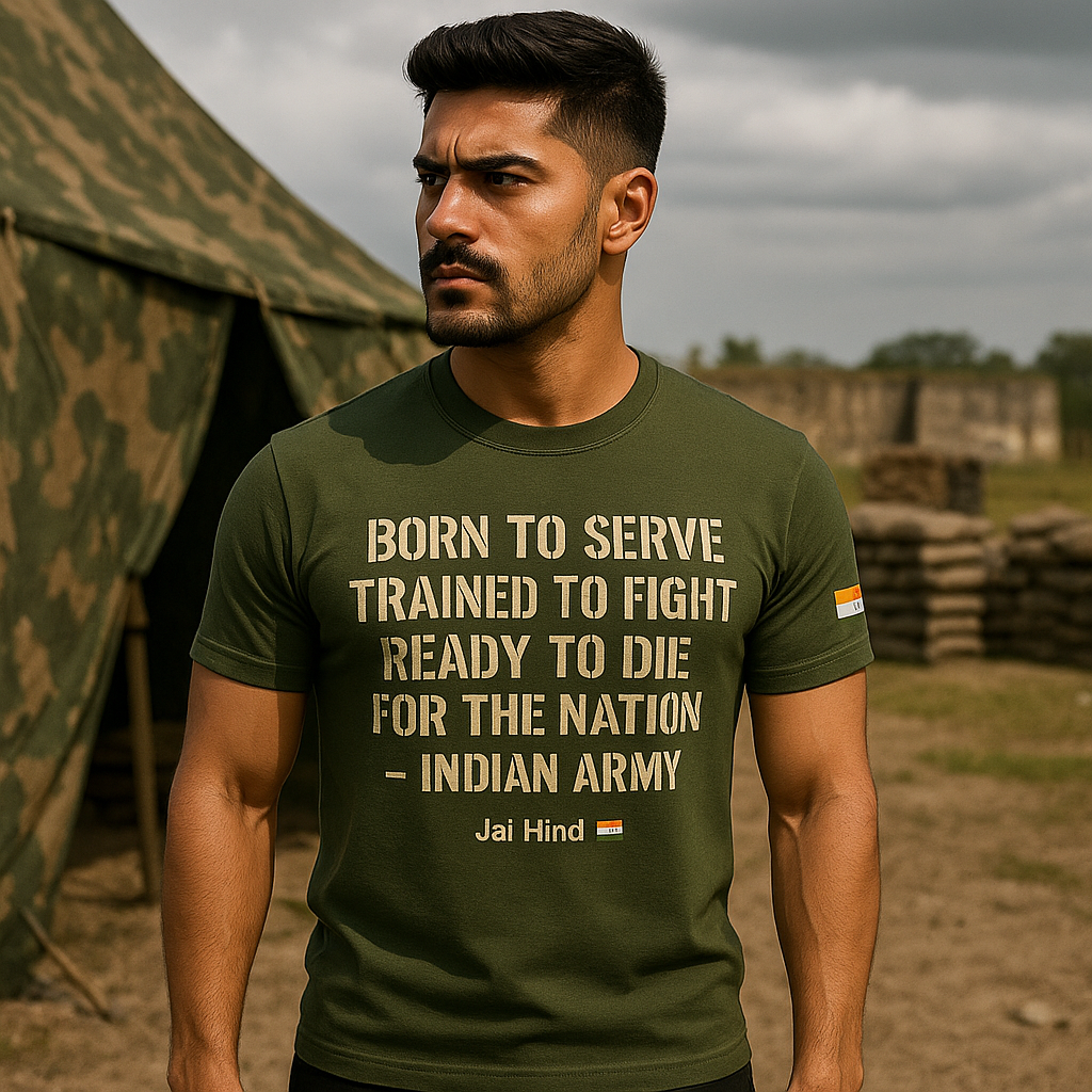 Indian Army Olive Green T-Shirt – Born to Serve, Jai Hind Tee for Patriots Indian Army Olive Green T-Shirt – Born to Serve, Jai Hind Tee for Patriots
