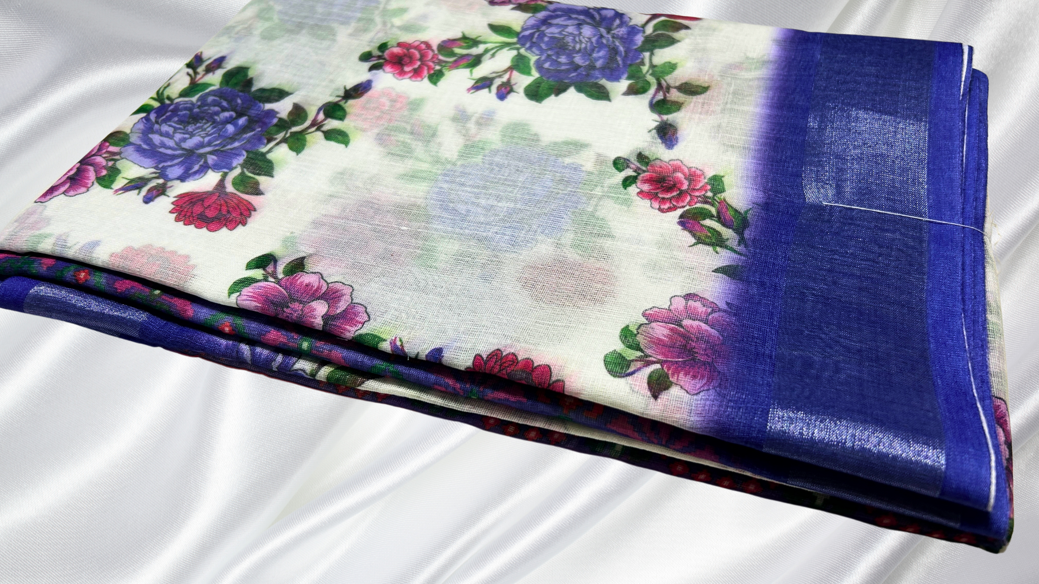 Naksha Linen Cotton Silver Saree - White Blue Floral