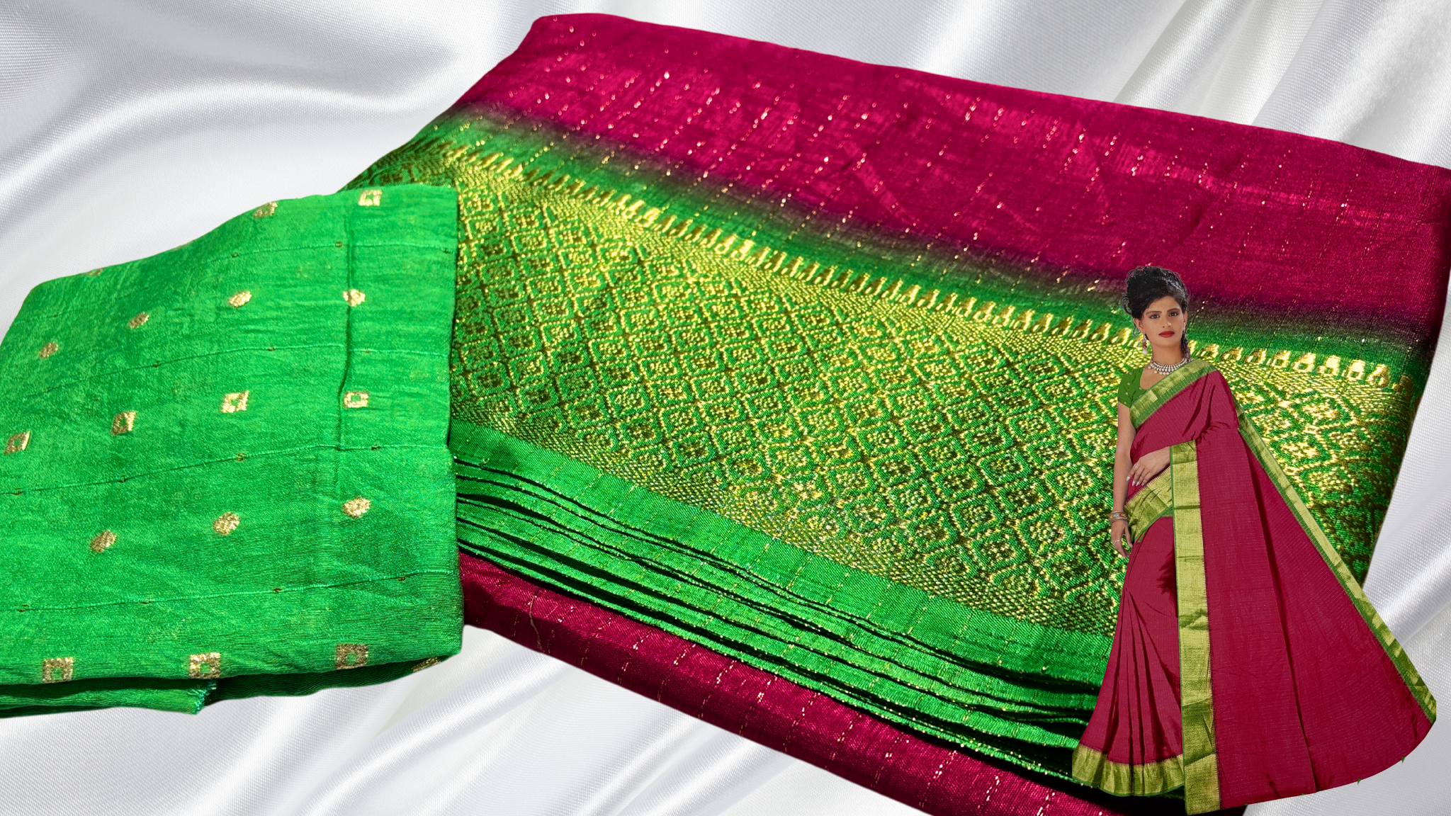Stuti Fancy Silk Line Saree - Red Pink & Green