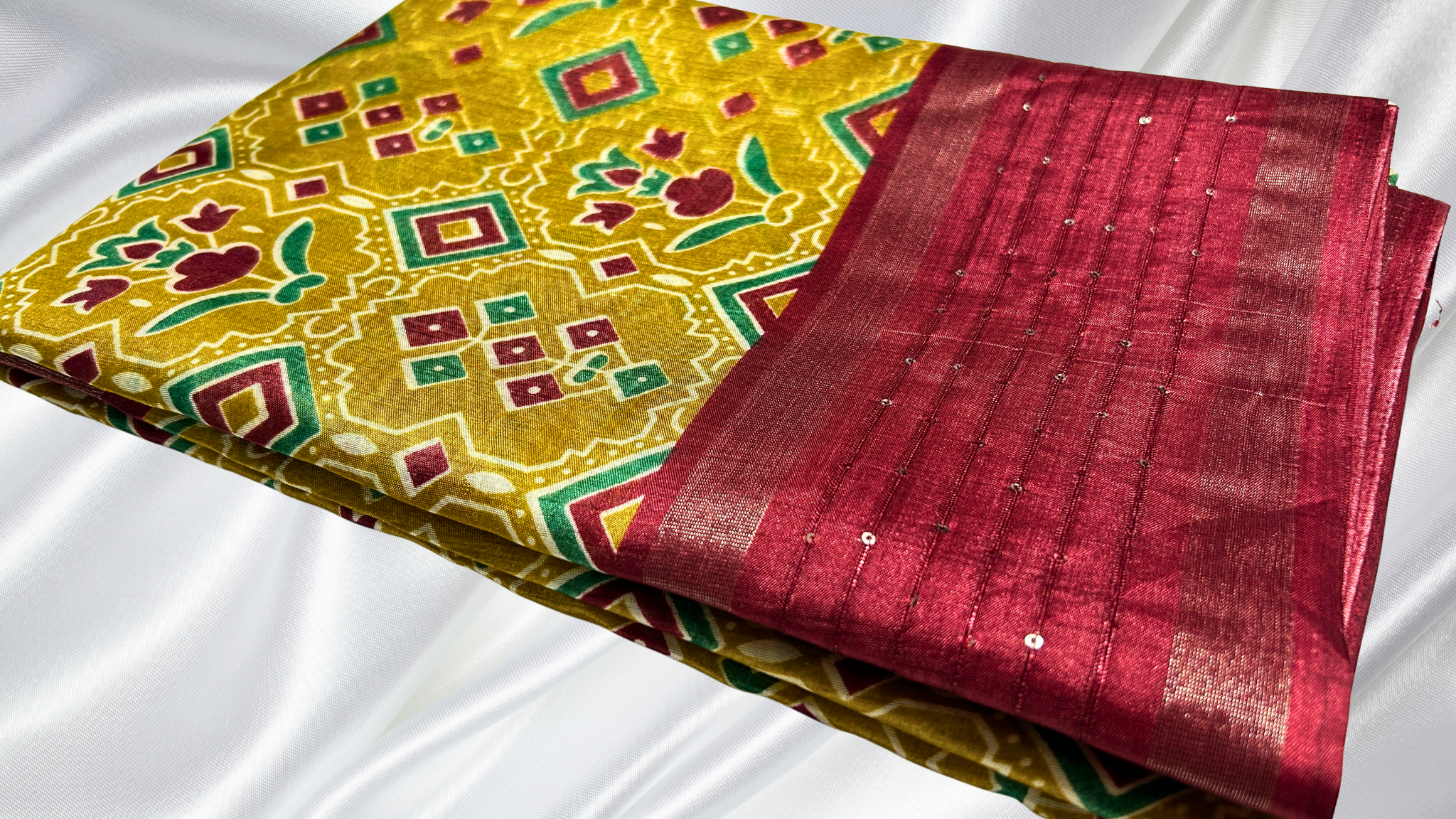 Dola Patola Sequence Saree - Mustard & Maroon