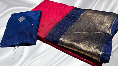 Shalimar Fancy Line Silk Saree - Red Pink & Dark Blue