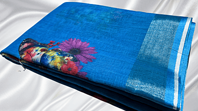 Linen Cotton Butterfly Saree - Blue