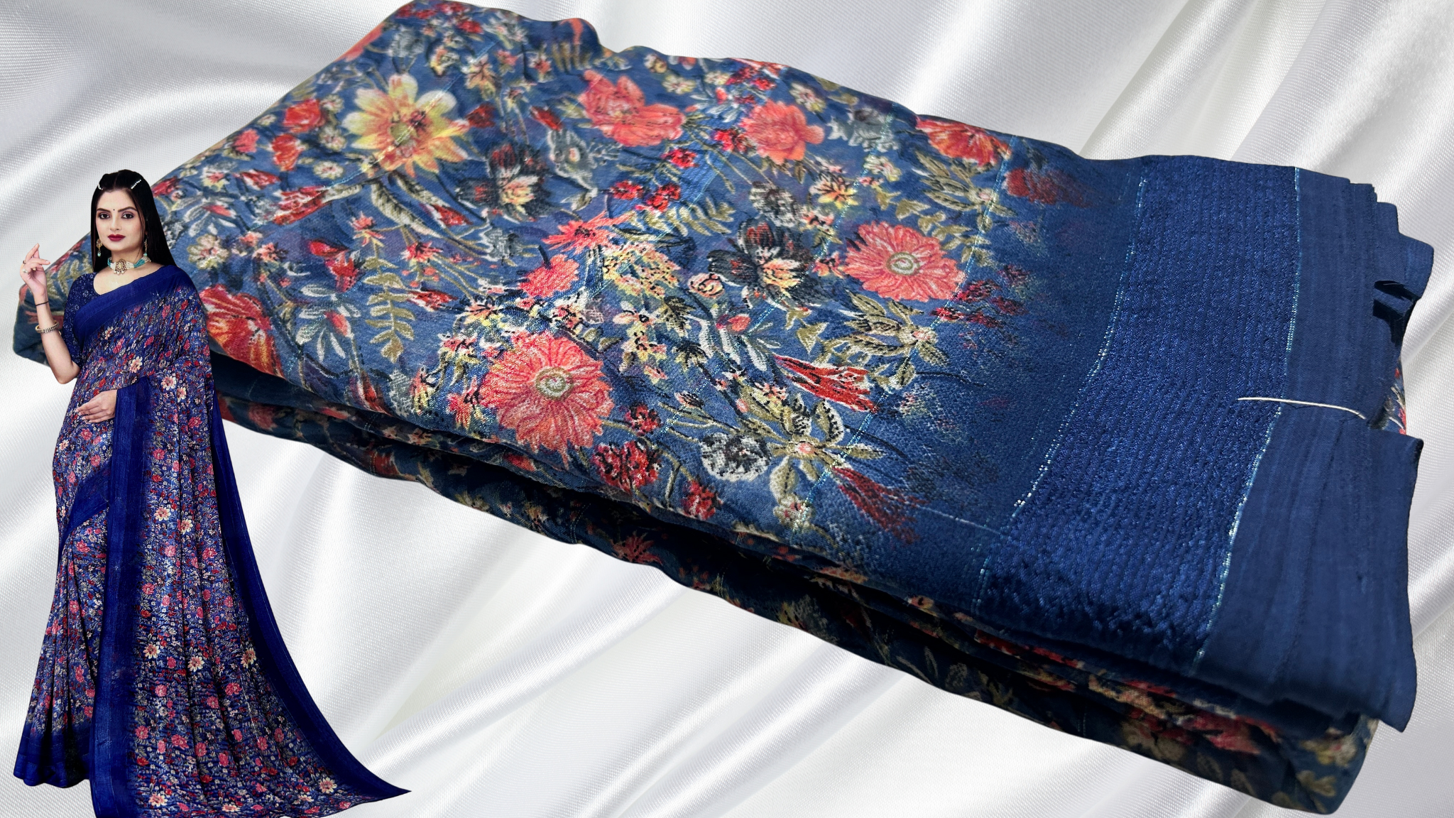 Marble Crush Chiffon Saree - Dark Blue