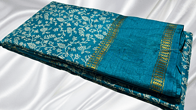 Binny Leaf Digital Silk Saree - Blueish Green
