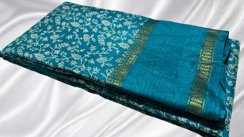 Binny Leaf Digital Silk Saree - Blueish Green