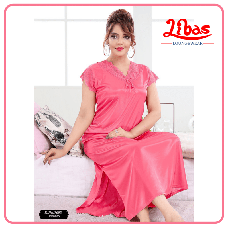 Plain Tomato Satin Nighty With V-Neck Pattern From Libas Loungewear -ST056 Plain Tomato Satin Nighty With V-Neck Pattern From Libas Loungewear -ST056