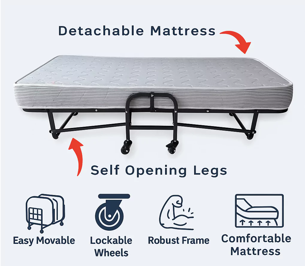 Sofrito Rollaway Foam and Wrought Iron Metal Folding Single Bed with 6-Inch Premium Mattress, Lockable Wheels Sofrito Rollaway Foam and Wrought Iron Metal Folding Single Bed with 6-Inch Premium Mattress, Lockable Wheels