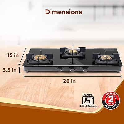 AGARO Regency 3 Burners Gas Stove, Toughened Glass Top, Brass Burners, 1 Small, 1 Medium & 1 Big Size Burner