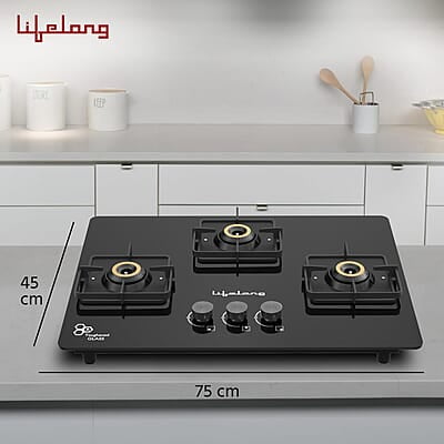 Lifelong 3 Gas Burner Top - 3 Burners Hob Top Gas Stove with Automatic Ignition - Toughened Glass top Gas Stove