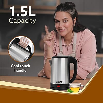 AGARO Sonnet Electric Kettle, 1.5L, 1500W, Stainless Steel Body, Quick Boil, Water Boiler, Hot Water Kettle AGARO Sonnet Electric Kettle, 1.5L, 1500W, Stainless Steel Body, Quick Boil, Water Boiler, Hot Water Kettle