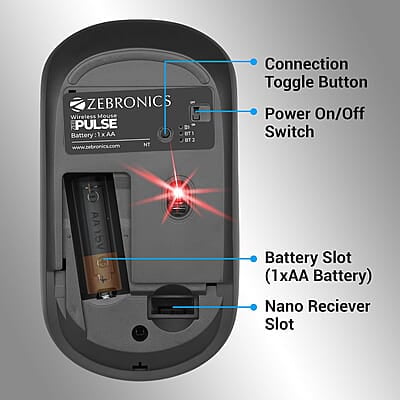 ZEBRONICS Pulse Wireless Mouse, Multi Connectivity, Dual Bluetooth, for Mac, Laptop, Computer, Tablet, 2.4GHz, 1200 DPI, Comfortable & Lightweight