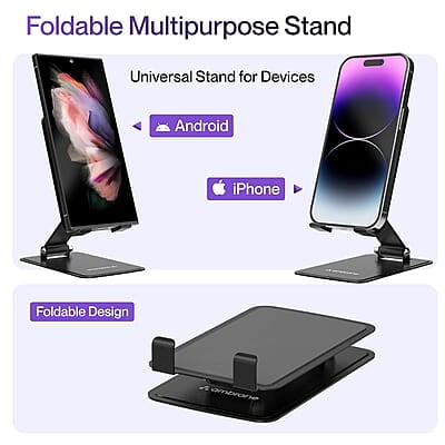 Ambrane Metallic Mobile Holder for All Smartphones, Tabs, Kindle, iPad Mobile Holding Tabletop Stand, 180 Perfect View, Height Adjustment, Foldable Design Twistand Pro