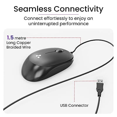 Ambrane Wired USB Mouse, Plug & Play, High Resolution 1600 DPI Optical Sensor, 3-Button Design, Clickable Scroll Wheel, Ambidextrous, Ergonomic Mouse for Comfortable All-Day Grip