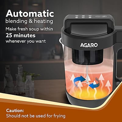 AGARO Elite Soup Maker, 1 Litre, Automatic Blending & Heating,6 Preset Cooking Functions, Copper Motor, Stainless Steel Blades, Grey