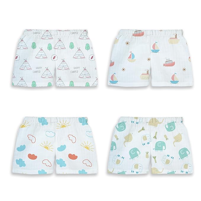 1st Step 100% Soft Muslin Cotton Baby Shorts - Pack of 4- 3-6 Months